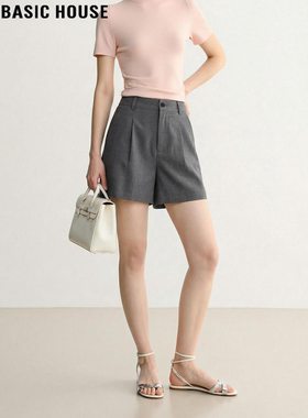 Basic House/百家好灰色高腰西装短裤女士2026夏季新款休闲直筒裤
