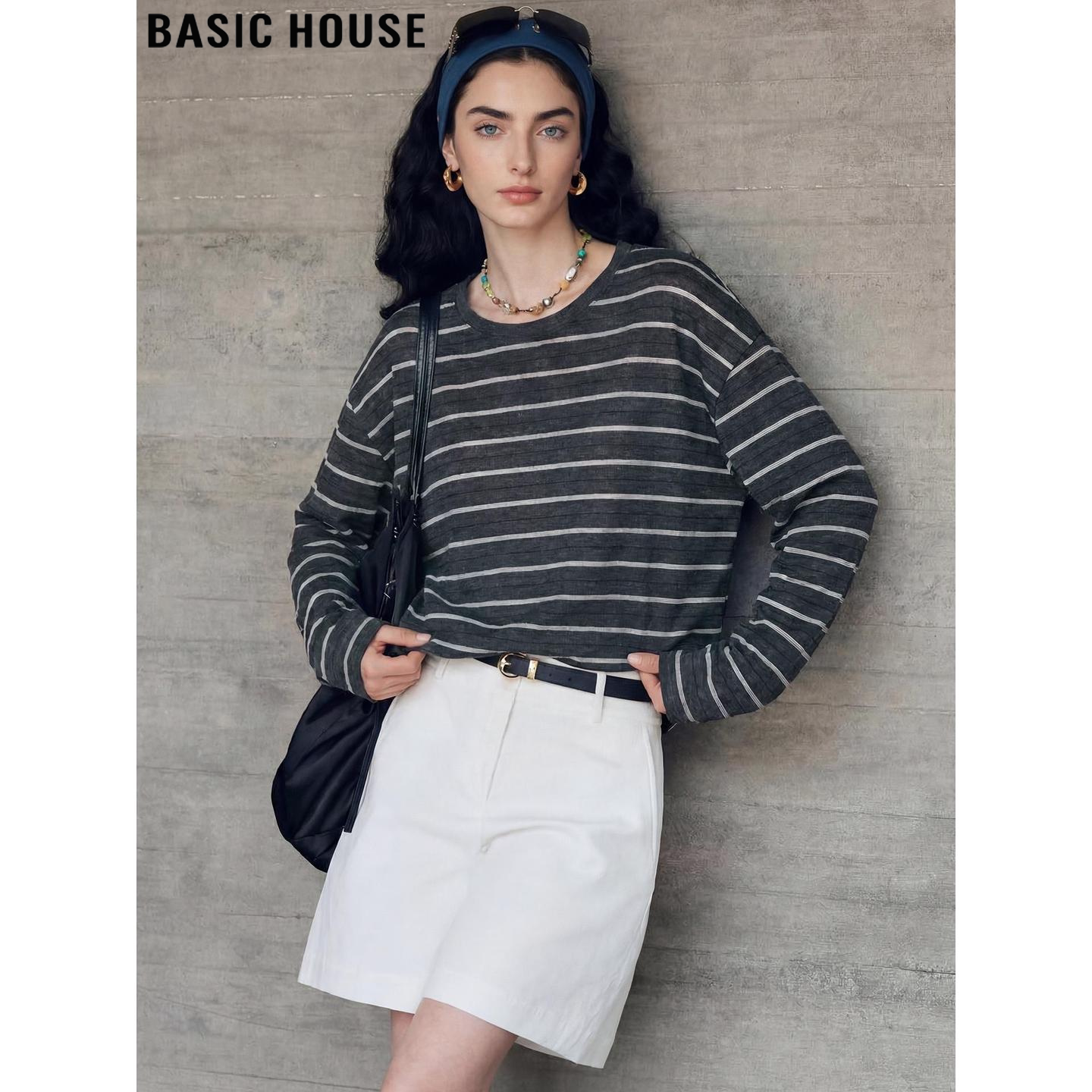 Basic House/百家好慵懒风条纹罩衫女春季薄款宽松羊毛长袖T恤