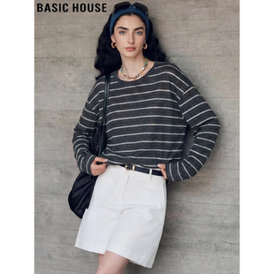 House 宽松羊毛长袖 百家好慵懒风条纹罩衫 薄款 T恤 女春季 Basic