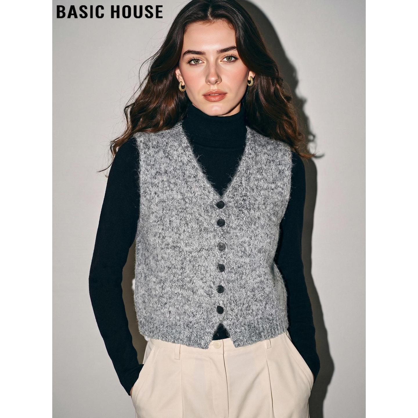 Basic House/百家好灰色V领针织马甲女2026春季新款无袖马夹外套,女装/女士精品,马夹,淘宝优惠券,粉丝福利购,淘宝优惠卷