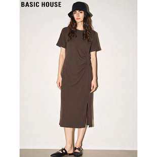 Basic 百家好咖色收腰褶皱T恤裙女夏季 长款 过膝开叉连衣裙 House
