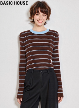 Basic House/百家好复古撞色条纹圆领针织打底衫女士春季内搭上衣