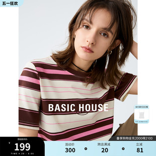 House Basic 新款 T恤女2024夏季 宽松休闲复古上衣 百家好条纹短袖