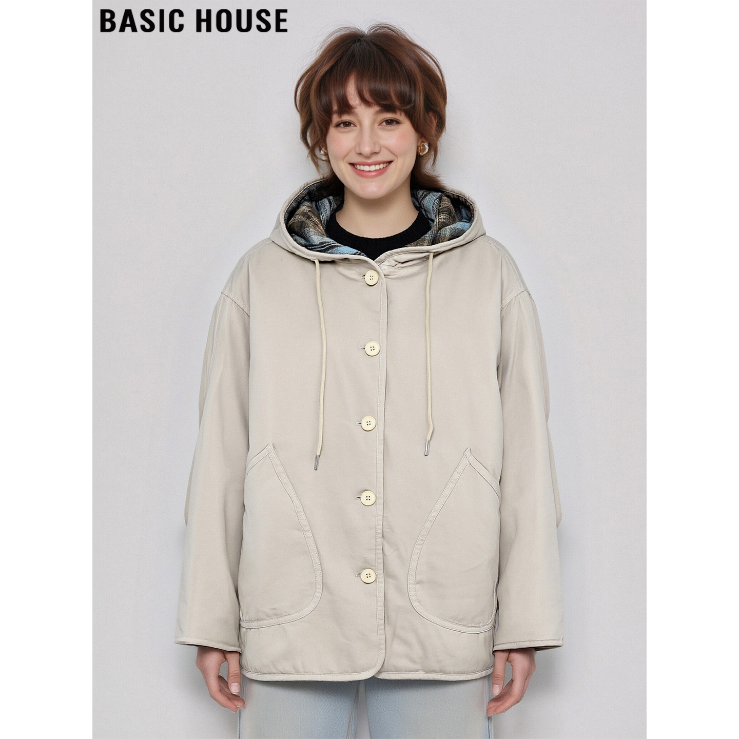 百家好宽松慵懒连帽棉服外套女