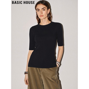 针织衫 女夏季 修身 Basic 打底衫 百家好圆领冰丝中袖 半袖 上衣 House