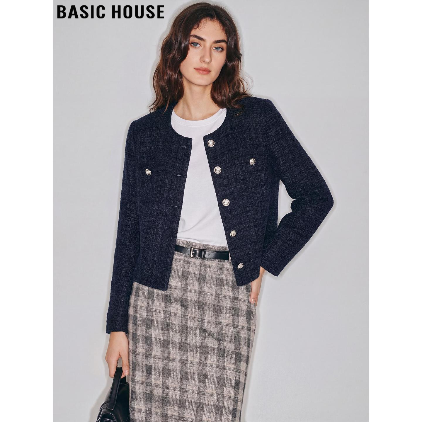 Basic House/百家好粗花呢小香风外套女2026春季新款圆领短款上衣,女装/女士精品,短外套,淘宝优惠券,粉丝福利购,淘宝优惠卷