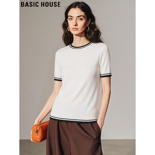 短袖 Basic 薄款 百家好白色冰丝针织圆领T恤女夏季 正肩上衣 House