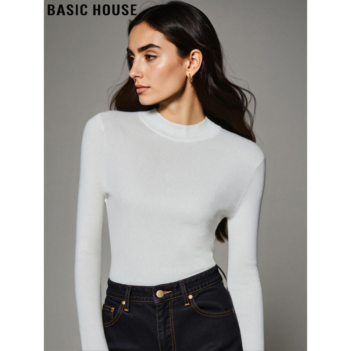 白色半高领针织打底衫加绒内搭女