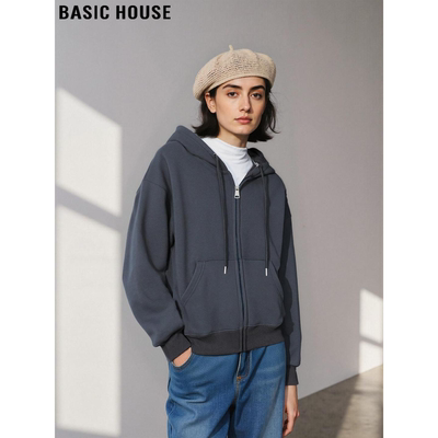 百家好深灰色加绒连帽卫衣外套女