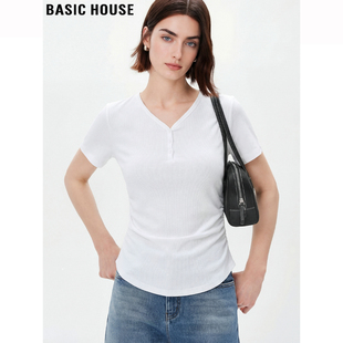褶皱收腰正肩基础款 Basic T恤女夏季 百家好V领冰丝短袖 上衣 House