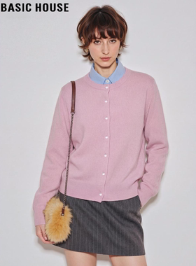 Basic House/百家好紫色羊毛针织开衫女2026春季新款休闲软糯毛衣