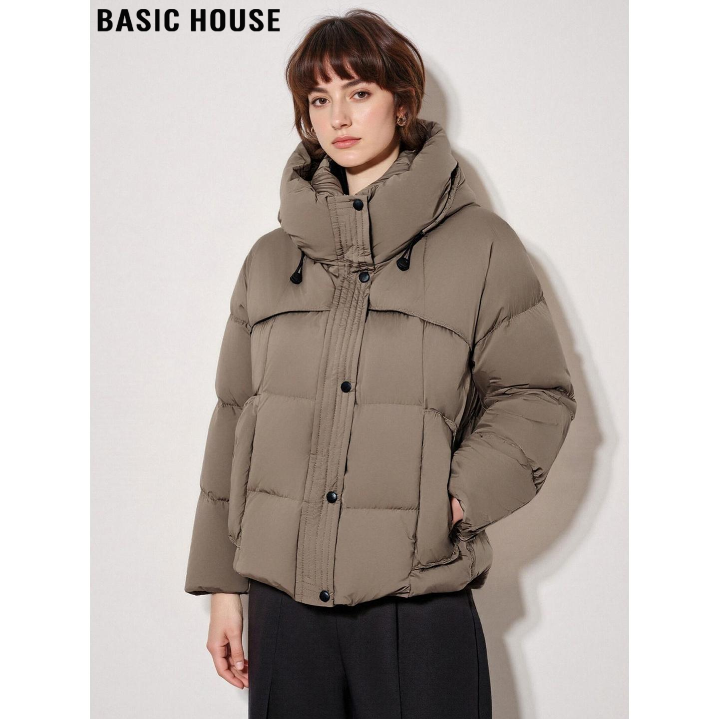Basic House/百家好高级感连帽羽绒服外套女士冬季加厚短款面包服