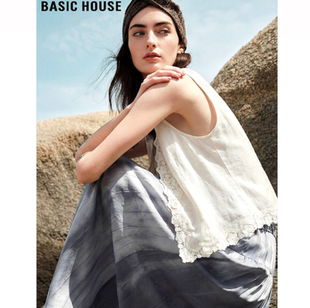 无袖 Basic 女夏季 百家好杏色蕾丝拼接天丝马甲开衫 坎肩背心 House