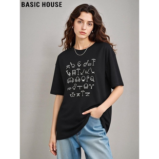 House 宽松半袖 百家好黑色印花短袖 新款 体恤 T恤女2026春季 Basic