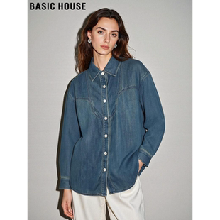 Basic House/百家好巴恩风蓝色牛仔衬衫女2026春季新款POLO领外套