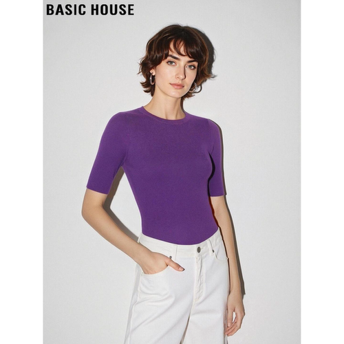 百家好紫色修身圆领中袖针织衫