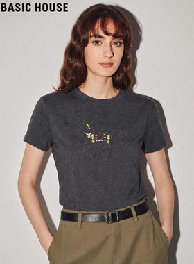 Basic House/百家好灰色小马刺绣短袖T恤女2026夏季新款纯棉上衣