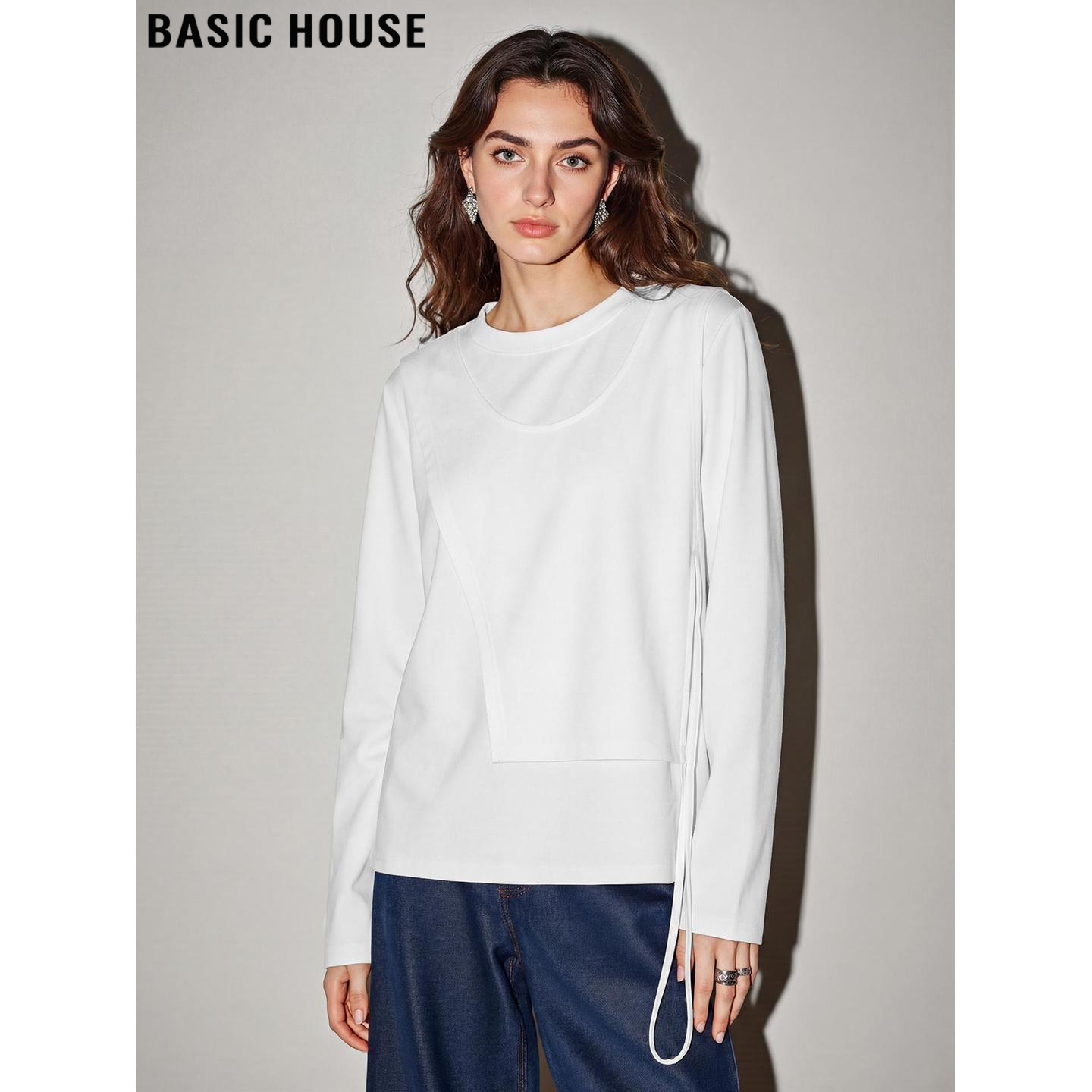 Basic House/百家好白色假两件长袖T恤女2026春季新款设计感上衣,女装/女士精品,T恤,淘宝优惠券,粉丝福利购,淘宝优惠卷
