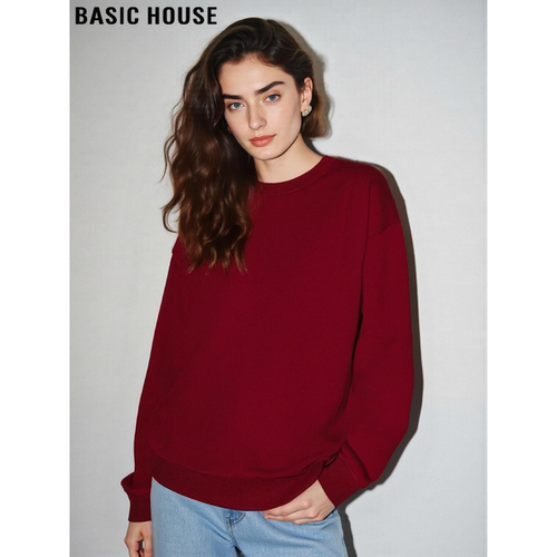 百家好红色加厚圆领套头打底卫衣