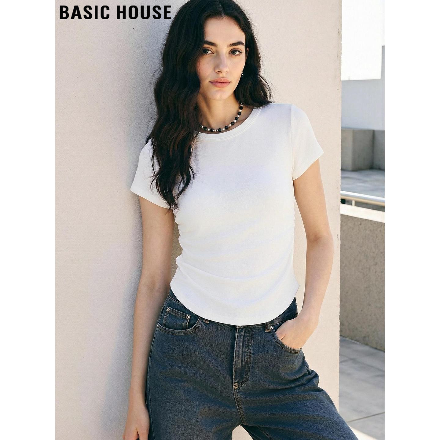 Basic House/百家好白色圆领正肩短袖T恤女夏季修身褶皱收腰上衣