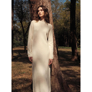 Basic House/百家好白色100%羊毛针织连衣裙女春季长款过膝毛衣裙