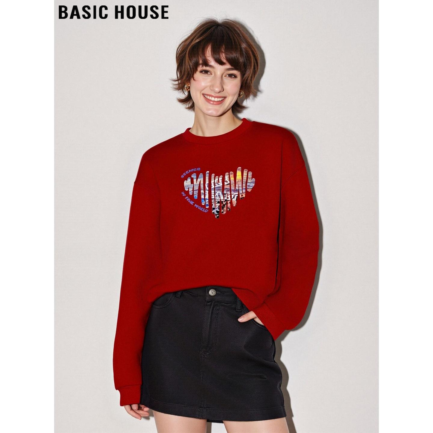 红色爱心印花圆领卫衣加绒打底衫