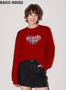 Basic House/百家好红色爱心印花圆领卫衣女士冬季加绒加厚打底衫