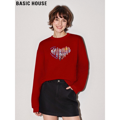 红色爱心印花圆领卫衣加绒打底衫