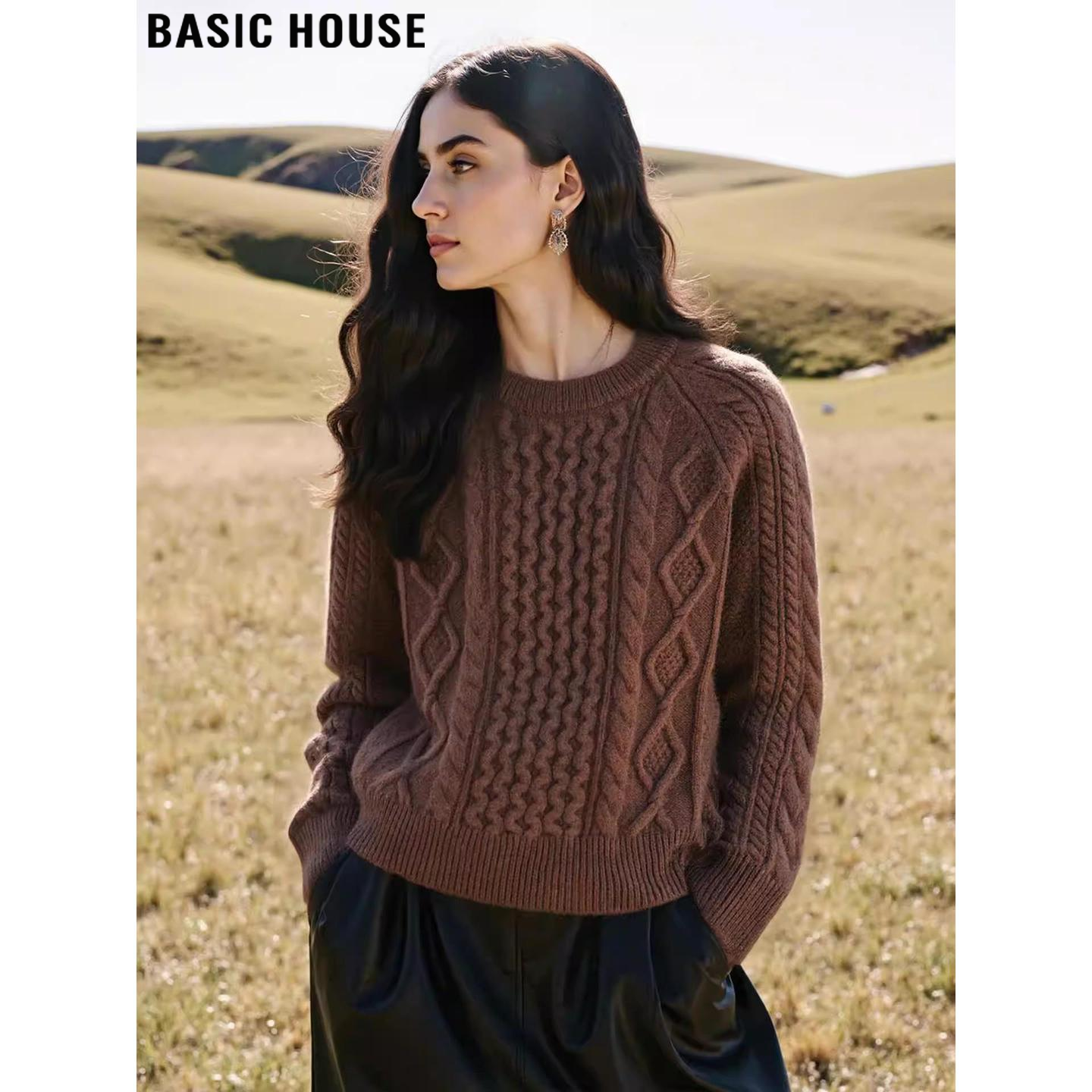 Basic House/百家好100%羊毛麻花毛衣女士2026春季新款软糯针织衫