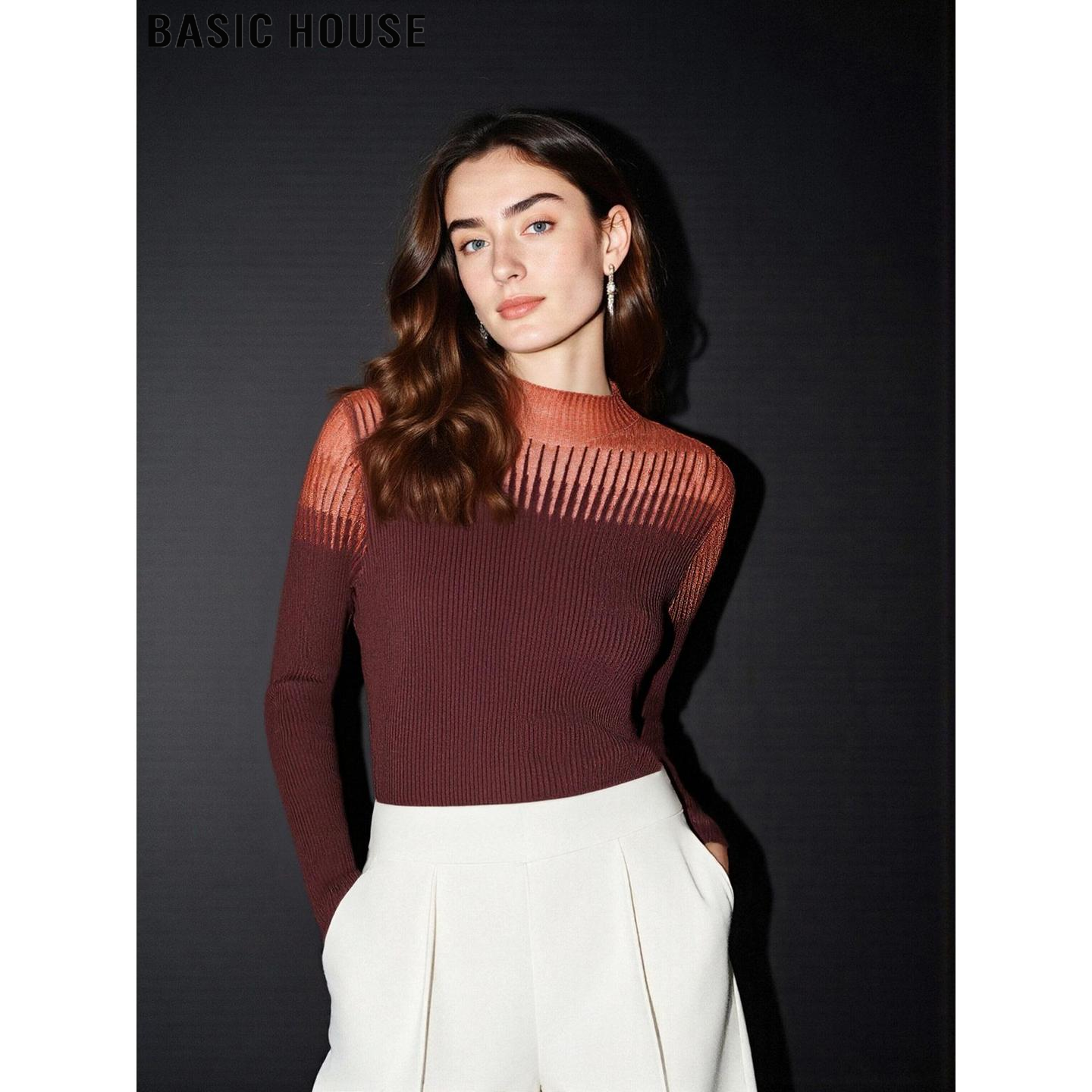 百家好设计感撞色半高领针织衫女