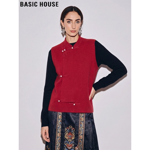 Basic House/百家好红色新中式山羊绒马甲女2026春季新款盘扣马夹