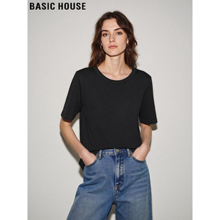 简约百搭圆领短袖 Basic T恤女士夏季 百家好黑色宽松基础款 House