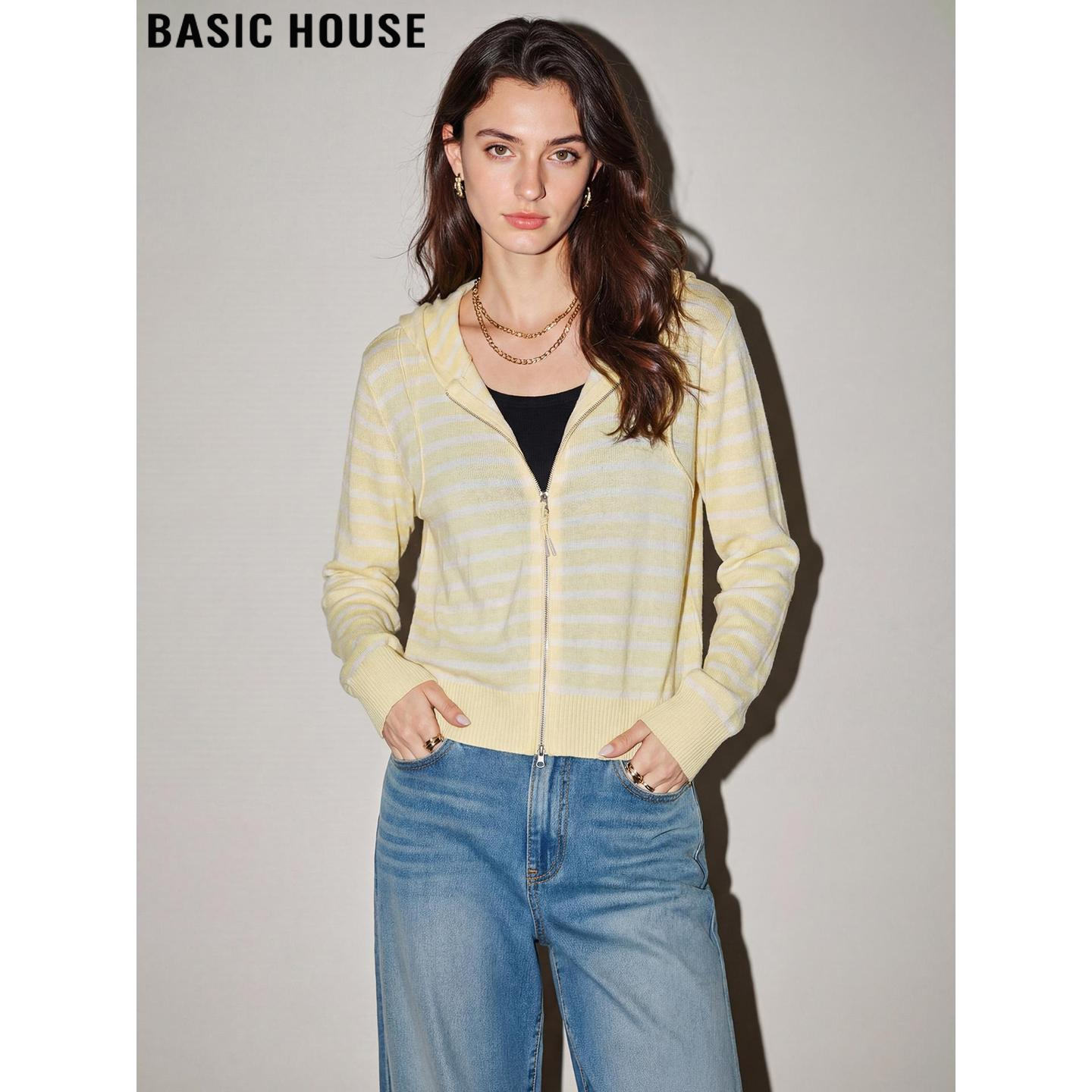Basic House/百家好黄色条纹连帽针织衫女士2026春季新款拉链开衫,女装/女士精品,毛针织衫,淘宝优惠券,粉丝福利购,淘宝优惠卷