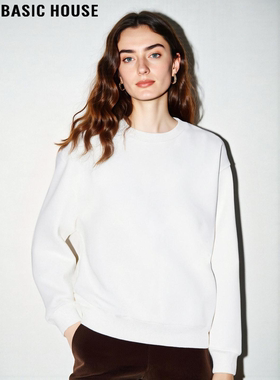 Basic House/百家好白色圆领无帽卫衣女士冬季内搭宽松加厚打底衫