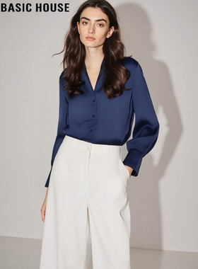 Basic House/百家好藏蓝色缎面衬衫女士2026春季新款法式内搭上衣