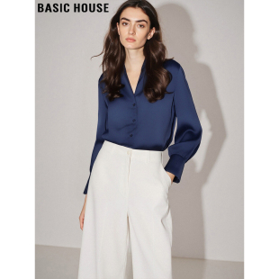 House 法式 百家好藏蓝色缎面衬衫 新款 内搭上衣 女士2026春季 Basic