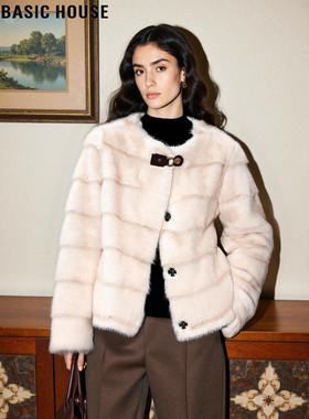 Basic House/百家好白色圆领毛茸茸外套女冬季高级感加厚环保皮草