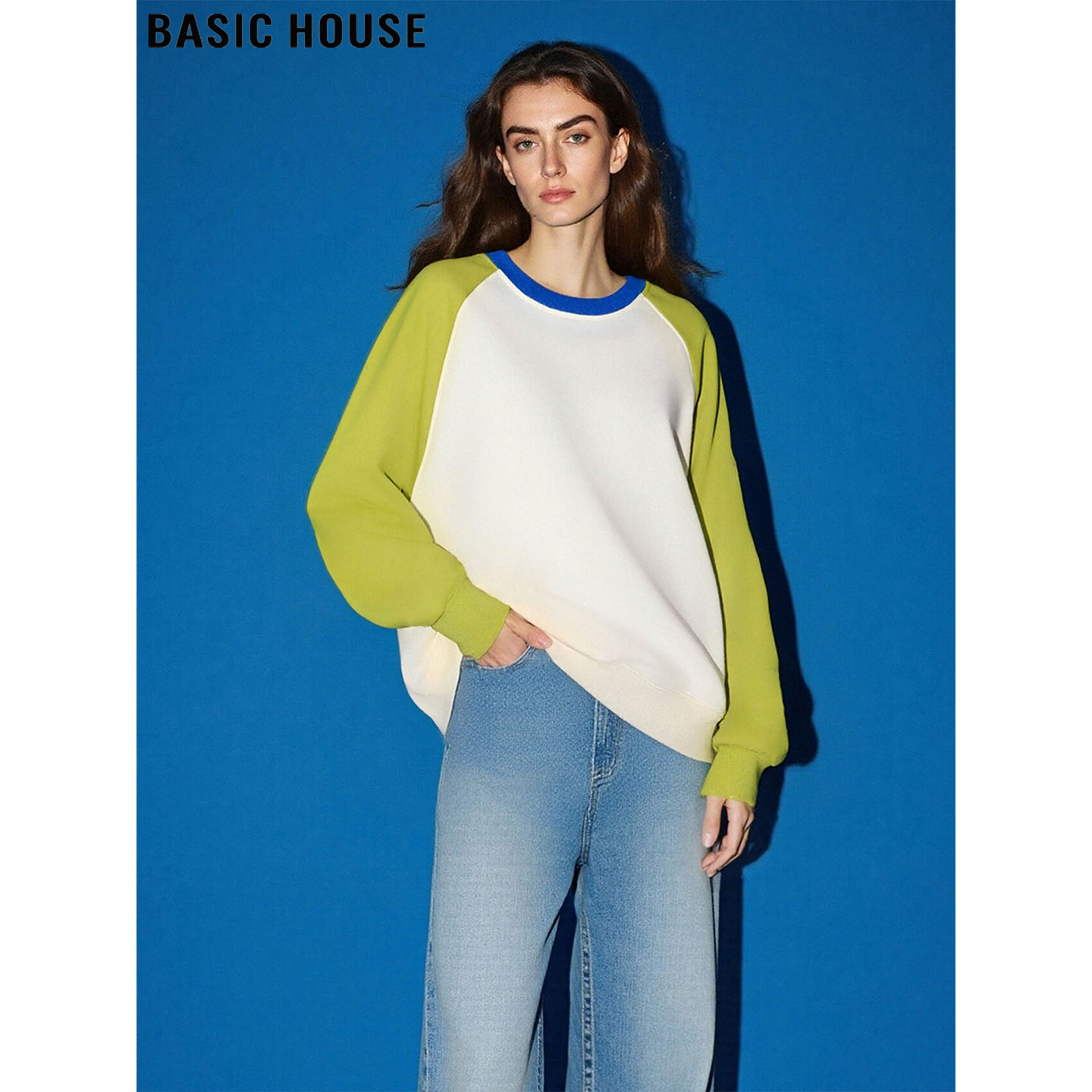 撞色插肩袖加绒加厚圆领打底卫衣