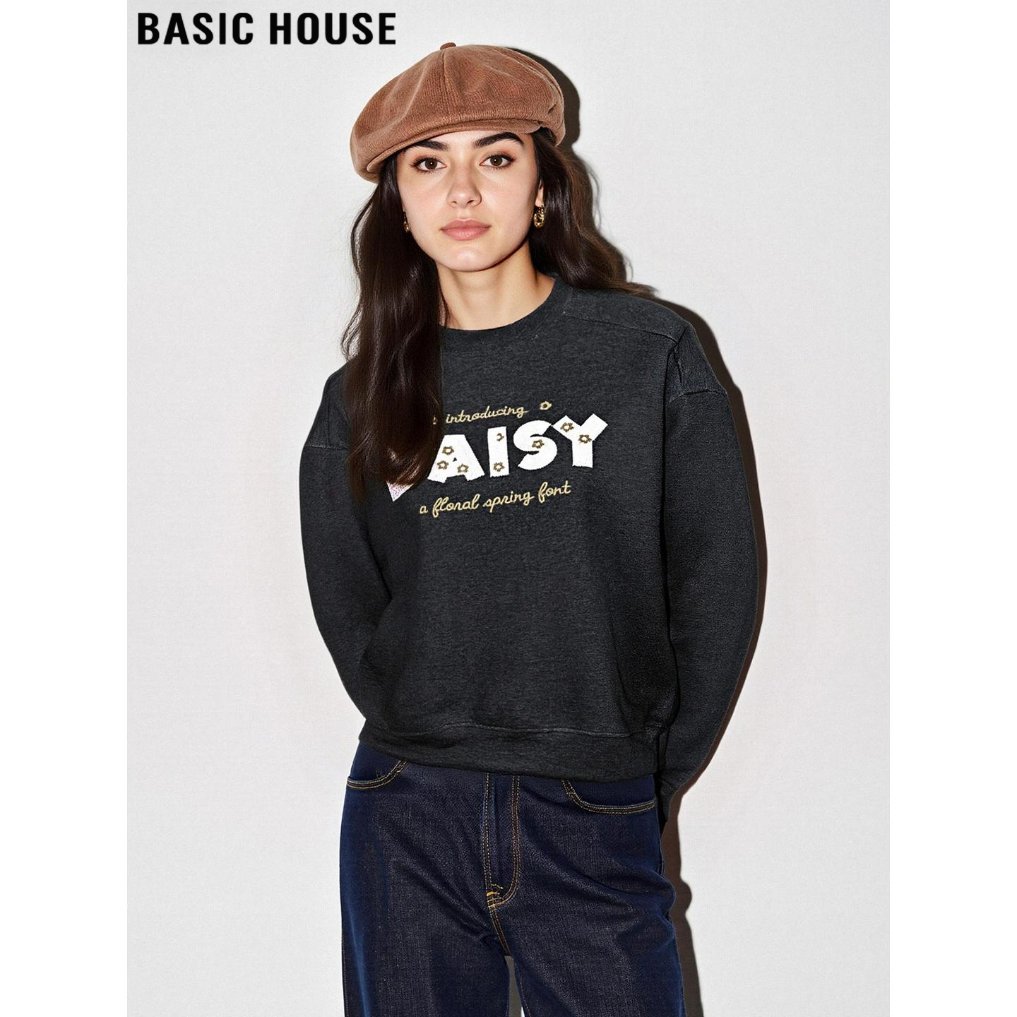 百家好炭灰色印花加厚卫衣女慵懒