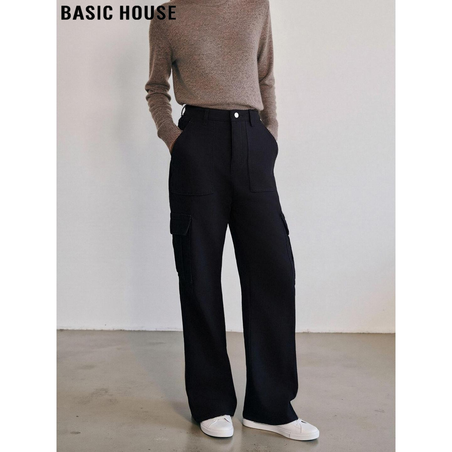 Basic House/百家好黑色加绒加厚工装裤女冬季高腰直筒宽松阔腿裤