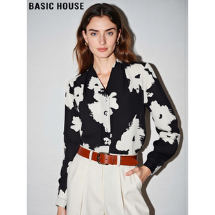 House 长袖 百家好高级感印花V领衬衫 新款 上衣 女士2026春季 Basic