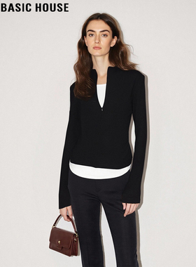 Basic House/百家好撞色假两件长袖打底衫女2025秋冬新款收腰上衣
