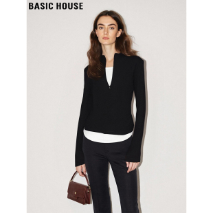 House 新款 百家好撞色假两件长袖 女2026春季 收腰上衣 打底衫 Basic
