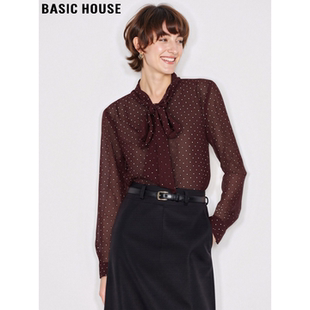 Basic House/百家好酒红色波点雪纺衬衫女士2026春季新款微透衬衣