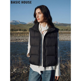 Basic House/百家好黑色90鸭绒羽绒马甲外套女冬季小个子短款背心