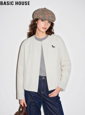 Basic House/百家好格纹拼接薄款棒球服女士春季圆领短款工装上衣