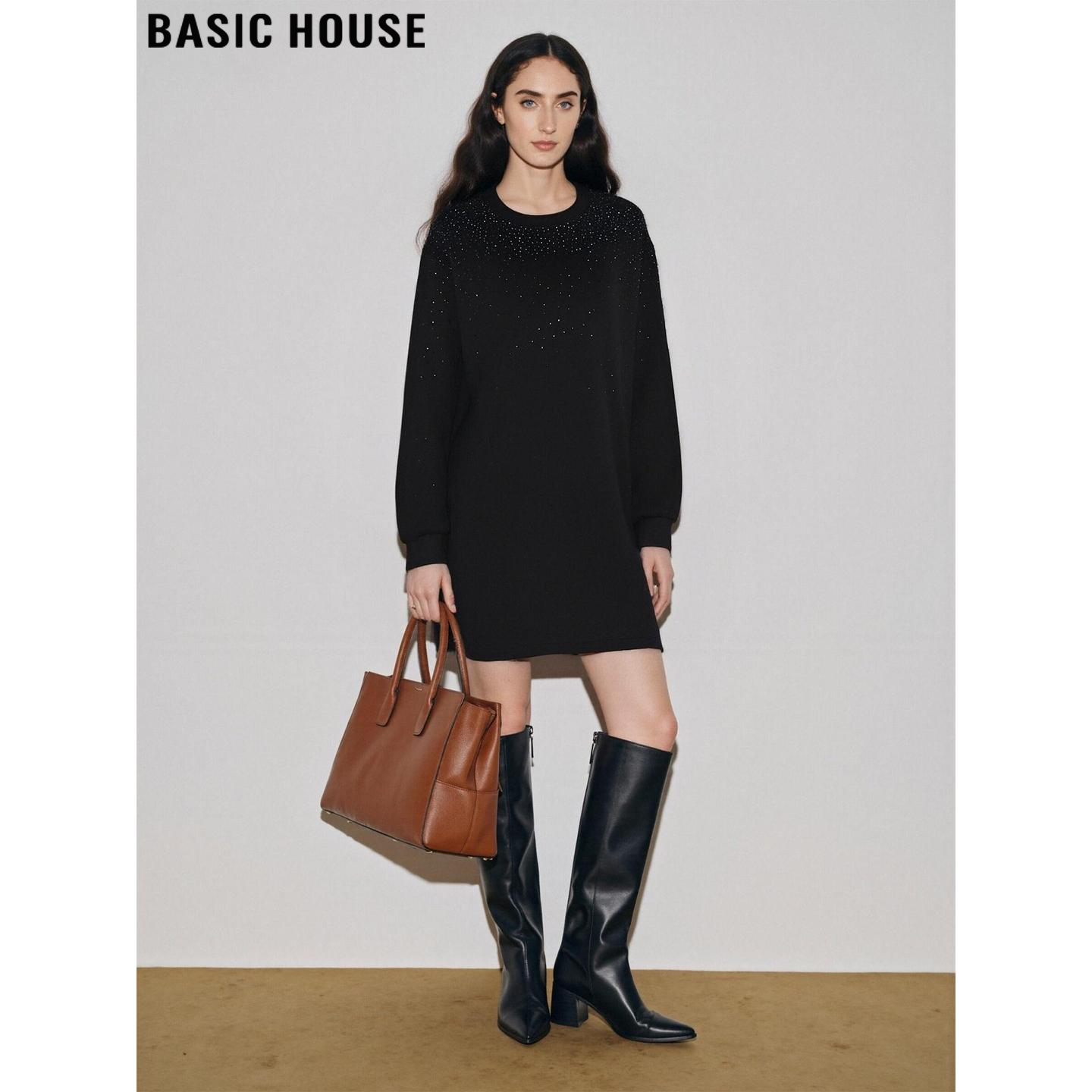 Basic House/百家好黑色烫钻连衣裙女2026春季新款宽松遮肉卫衣裙