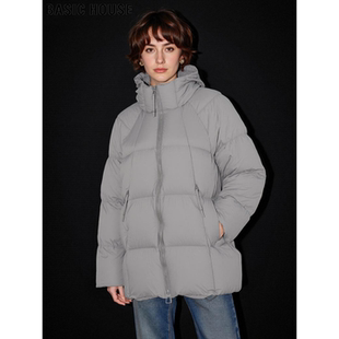 Basic House/百家好灰色90白鸭绒立领羽绒服女冬季加厚保暖面包服