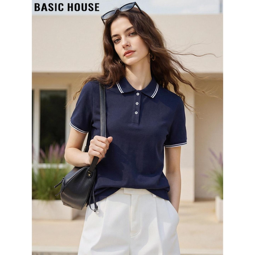 百家好藏青色纯棉polo领T恤女士