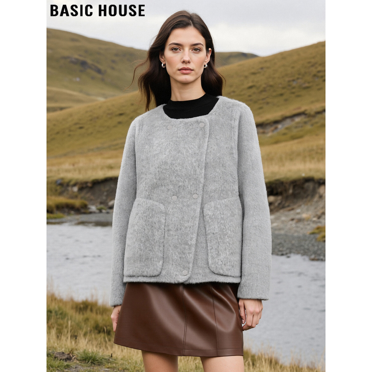 百家好冰河灰100%羊毛呢外套女